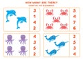 Math game with cartoon sea animals. Count and circle the right answer. Royalty Free Stock Photo