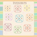 Math game for children. Development of oral counting skills. Find and trace shapes where the sum of all numbers is 20