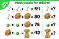 Math game puzzle for children with cartoon dog