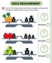 Math game, education game for children. Mass measurement. Scales. How much do pineapples, pomegranates and apples weight? Logic