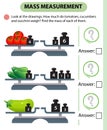 Math game, education game for children. Mass measurement. Scales. How much do tomatoes, cucumbers and zucchini weight? Logic