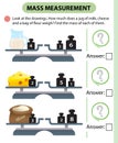 Math game, education game for children. Mass measurement. Scales. How much does a jug of milk, cheese and a bag of flour weight?