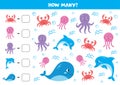 Math game for kids. Count the cute cartoon sea animals Royalty Free Stock Photo