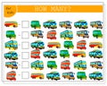 Math game for kids count how many buses. vector isolated on white background