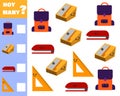 Math game for kids count how many items. Count how many cute cartoon school subjects. Vector Royalty Free Stock Photo