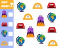 Math game for kids count how many items. Count how many cute cartoon school subjects. Vector Royalty Free Stock Photo