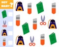 Math game for kids count how many items. Count how many cute cartoon school subjects. Vector Royalty Free Stock Photo