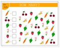 Math game for kids count how many of them there are. raspberries, bananas, carrots, tulips, grapes, cherries