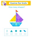 Math game. Count how many triangles, rhombus, circles. Educational material for children.