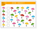 Math game for kids. Count how many umbrellas there are. Vector isolated on a white background Royalty Free Stock Photo
