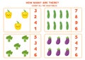 Math game for kids. Count the number of cute kawaii vegetables.