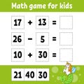 Math game for kids. Education developing worksheet. Activity page with pictures. Game for children. Color isolated vector