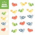 Math game for kids. How many colorful birds are there. Vector illustration. Royalty Free Stock Photo