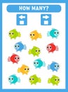 Math game for kids. How many fish turned left and right. Printable worksheets.