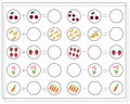 A math game for kids. Solve the examples, count the items. Raspberries, cherries, bananas, carrots, and flowers