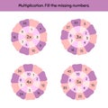 Math game on a multiplication for preschool and school age children. Fill the missing numbers. Flowers