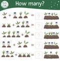 Math game with plants in a bed. Spring mathematic activity for preschool children. Garden counting worksheet. Educational addition