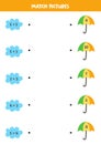Math game for preschoolers. Addition for kids. Match clouds and umbrellas.
