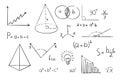 Math geometry graph and shapes on blackboard background. Set science doodle hand drawn sketch elements. Study theory