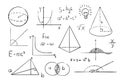Math geometry graph and shapes on blackboard background. Set science doodle hand drawn sketch elements. Study theory