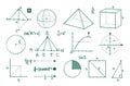 Math graphs. Parabolas, cosine, sine and tangent curves. Geometric figures and functions. Vector college algebraic