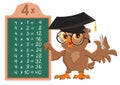 Math Lesson Multiplication Table Of 4 By Numbers. Owl Bird Teacher At Blackboard Shows Table Of Multiplication