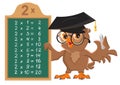 Math lesson multiplication table of 2 by numbers. Owl teacher at blackboard shows table of multiplication examples