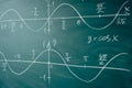 Math lesson. Sine and cosine functions. Graphics graphics drawn on the Board Royalty Free Stock Photo