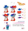 Math logic puzzle game for smartest. Can you help the fisherman count the weight of each fish? Solve examples and write the