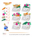 Math logic puzzle game for smartest. Can you help the gardener count the weight of vegetables? Solve examples and write the