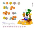 Math logic puzzle game for smartest. Determine the value of each coin. Solve examples and count how much money the pirate found.