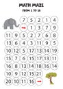 Math maze with cute cartoon elephant and safari tree