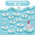 Math maze for kids. Winter collection. Walrus in the Arctic on an ice floe