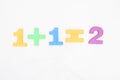 Math one plus one is equal to two of the colored numbers on white background Royalty Free Stock Photo