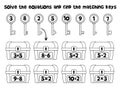 Math puzzle for kids - solve the equations and find matching keys for treasure chests Royalty Free Stock Photo