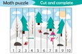 Math puzzle, xmas picture with snowy forest in cartoon style, education game for development of preschool children, use scissors,