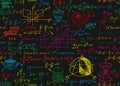 Math science vector seamless pattern with handwritten formulas on the black chalkboard for the background. Royalty Free Stock Photo