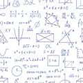 Math seamless pattern. Mathematics solutions, physics formulas. Numbers and graphs, functions calculate. Education neoteric vector