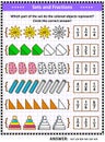 Math skills training puzzle or worksheet with pictorial fraction representations Royalty Free Stock Photo