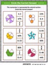 Math skills training puzzle or worksheet with visual fractions