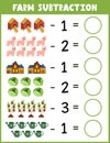 Farm subtraction worksheet for kids. Math activity page with cute farm characters Royalty Free Stock Photo