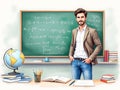Math teacher standing in front of the chalkboard in a classroom Royalty Free Stock Photo