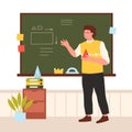 Math teacher teaching at school board, man pointing at chalkboard, holding pyramid