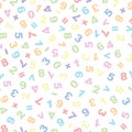 Math themed seamless vector pattern, pastel numbers and arithmetic symbols on white background