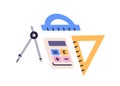 Math tools for geometry drawing, measurements. Compass, calculator, protractor, triangle ruler. Precise measuring items
