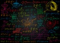 Mathematical colorful formulas drawn by hand on a black chalkboard for the background. Vector illustration. Royalty Free Stock Photo