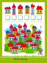 Mathematical education for children. Count quantity of houses and write numbers. Developing counting skills. Logic puzzle game.