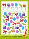Mathematical education for children. Count quantity of objects and write numbers. Developing counting skills. Logic puzzle game.