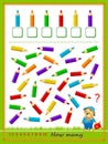 Mathematical education for children. Count quantity of pencils and write numbers. Developing counting skills. Logic puzzle game.