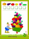 Mathematical education for children. Count quantity of vegetables and write numbers. Developing counting skills. Logic puzzle game